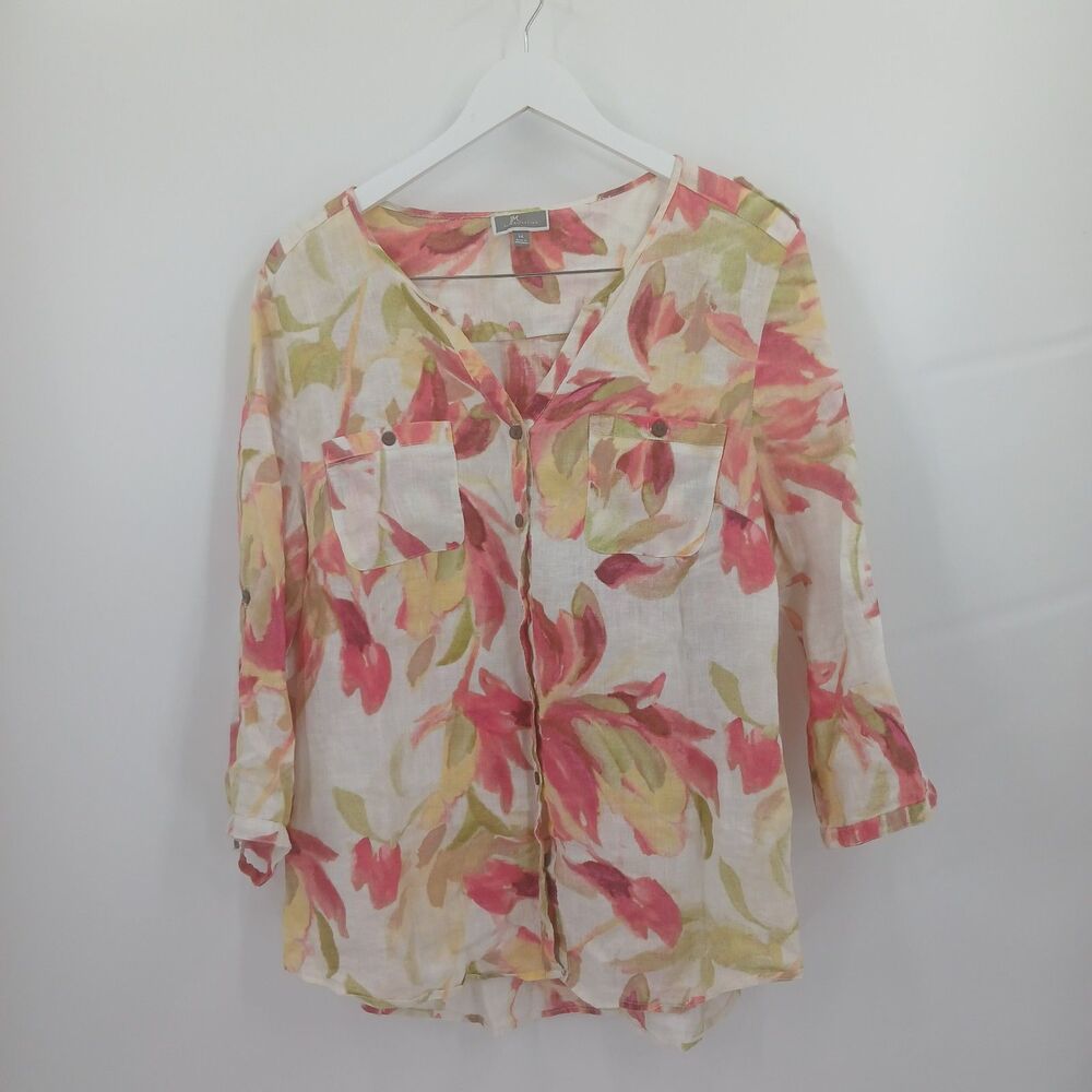 JM Collection Floral Linen Blouse Women's 14 Summer Cottagecore Aesthetic